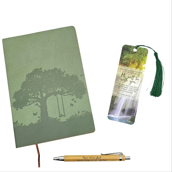 Tree of Life Faux Leather Journal Bamboo Pen Inspirational Bookmark Set Green - Picture 1 of 12